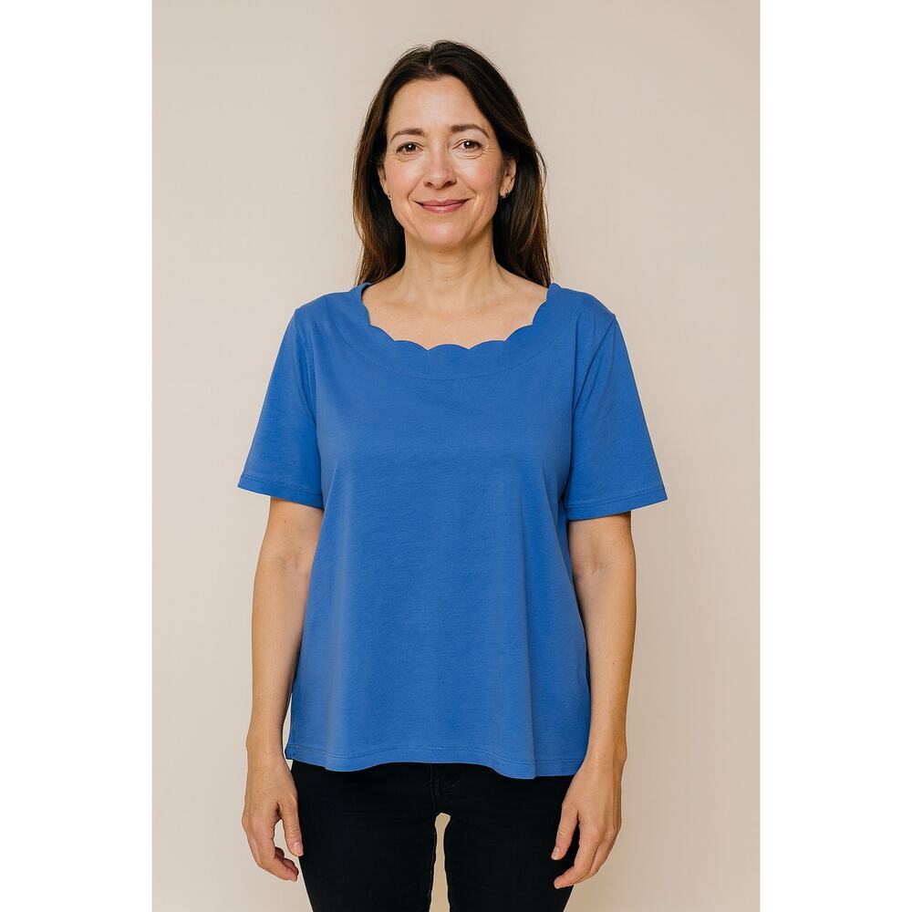 Talbots blue pima cotton scalloped neckline sz XL 1/2 sleeve Career Casual EUC